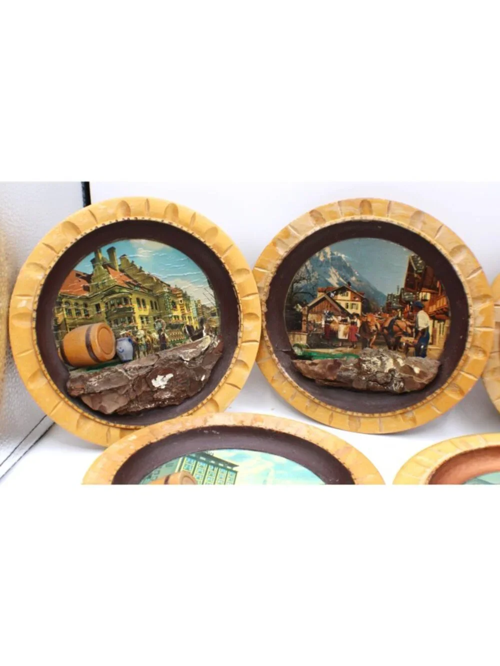 Vtg German Handarbeit 3D Wooden Wall Plates Art Set 6 Alpine Folk Art  Diorama